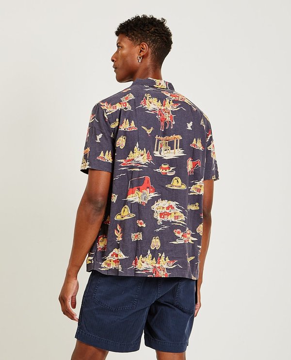 RRL Print Linen Camp Shirt - INDIGO | Garmentory