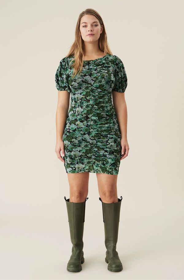 Ganni Printed Mesh Ruched Dress - Kelly Green | Garmentory