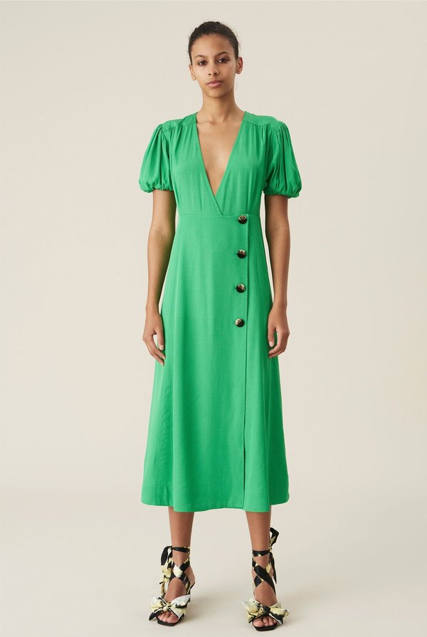 Ganni Ripstop Wrap Midi Dress - Green | Garmentory