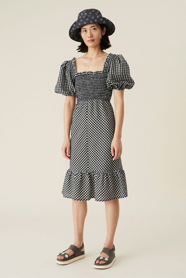 Ganni CHECKERED SEERSUCKER SHIRRED MIDI DRESS - black | Garmentory