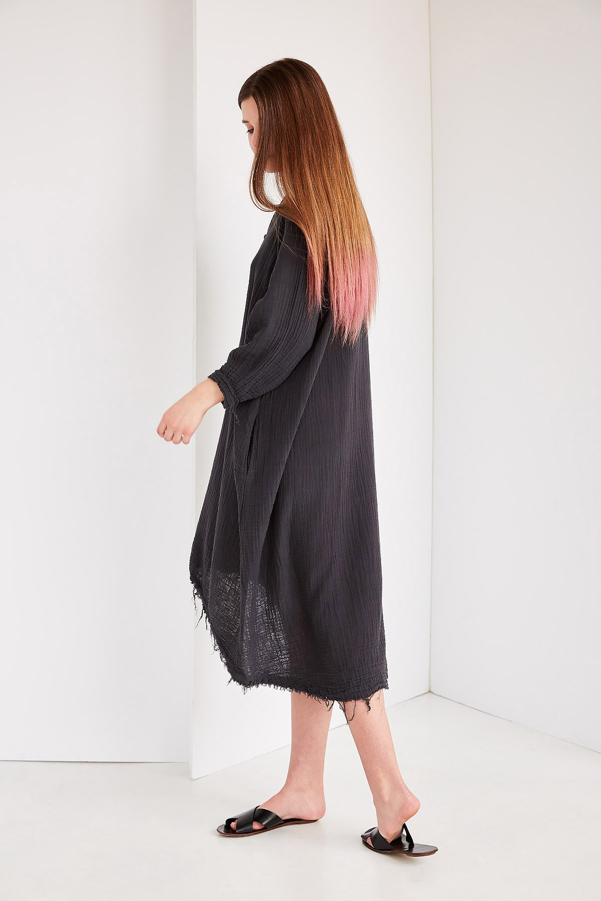 Black Crane Double Gauze Dress Dark Grey Garmentory
