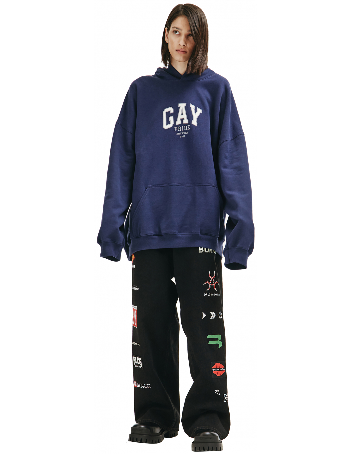 Balenciaga Gay Pride Embroided Hoodie - Navy Blue | Garmentory