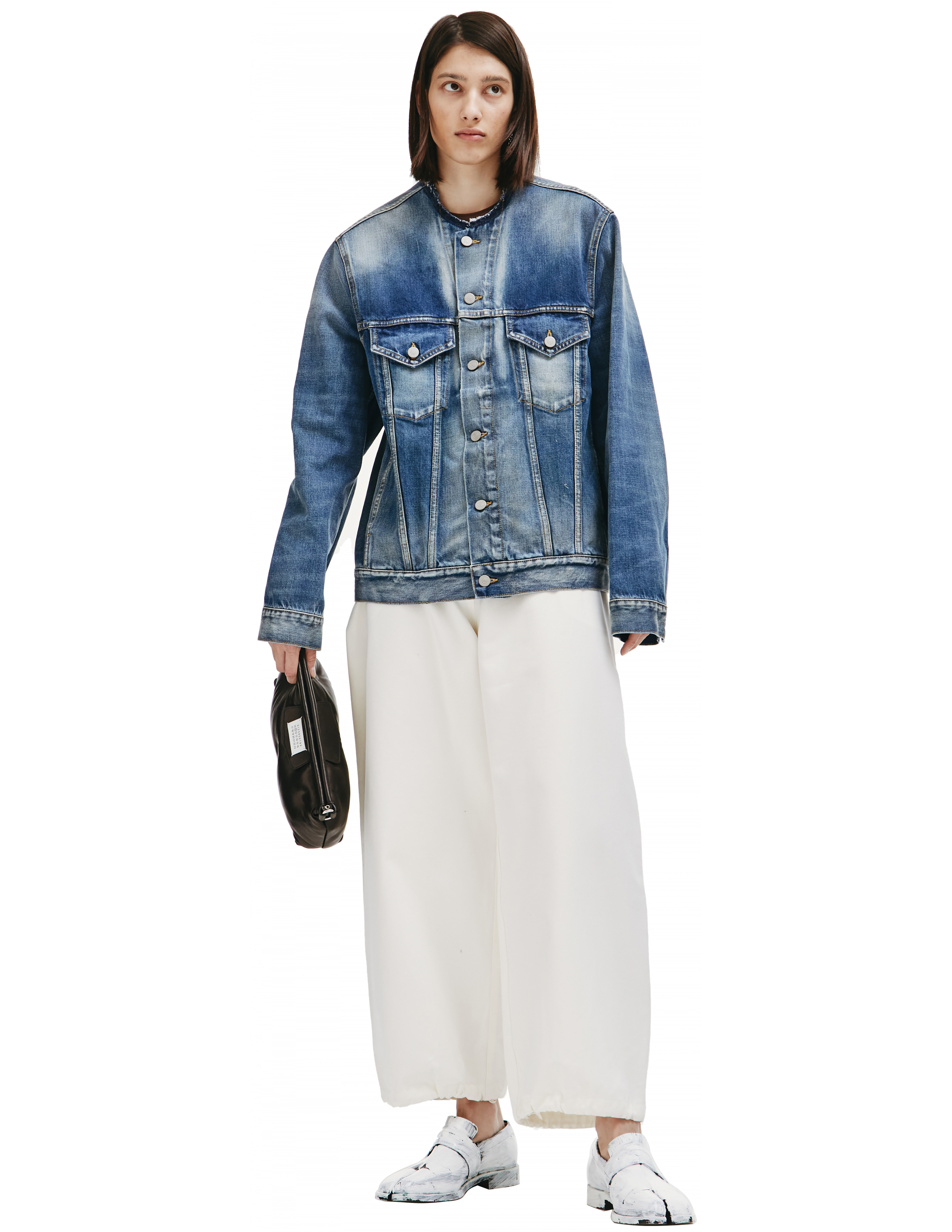 collarless blue jean jacket