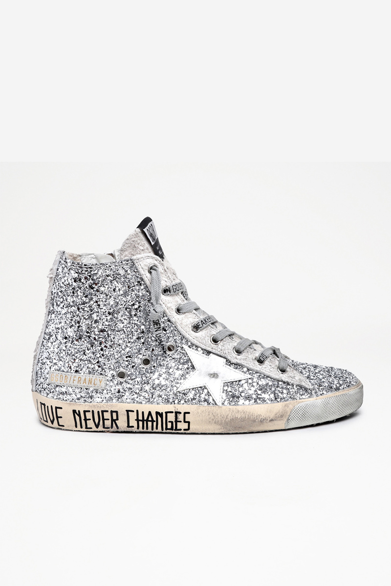 Golden Goose Francy and Long Hair Suede Upper with Love Never Changes Shoes  Silver Glitter