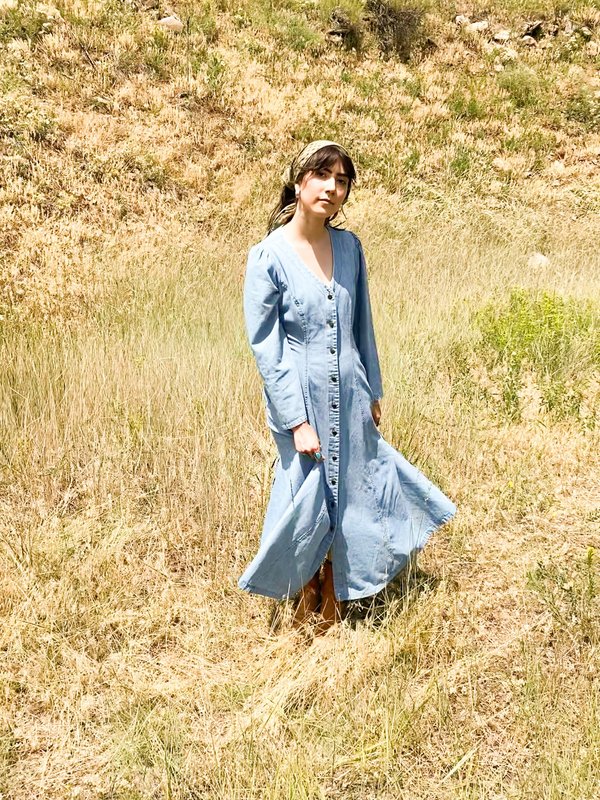 Vintage Pre loved DENIM LACE UP PRAIRIE DUSTER DRESS BLUE