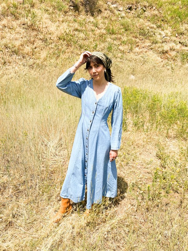 denim dress oversized Collared Retro Denim Dress Cap Sleeve Snap Front Oversized Belt Blue Jean T-shirt Midi Dark / L