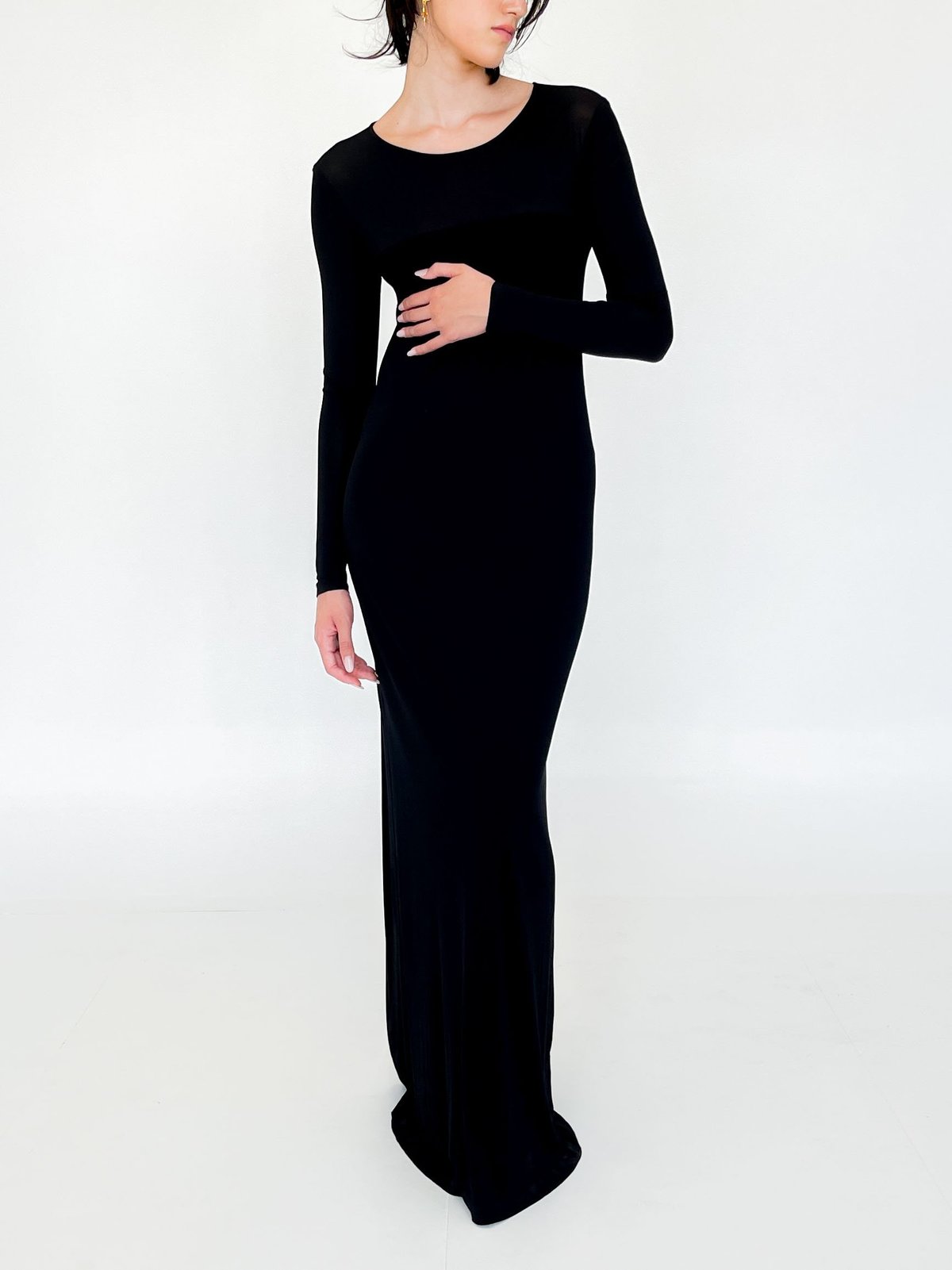 knee length dresses for ladies DONNA KARAN Size M Black Layered Jersey Long Sleeve Maxi Sheath Dress  Sui  Generis Designer Consignment