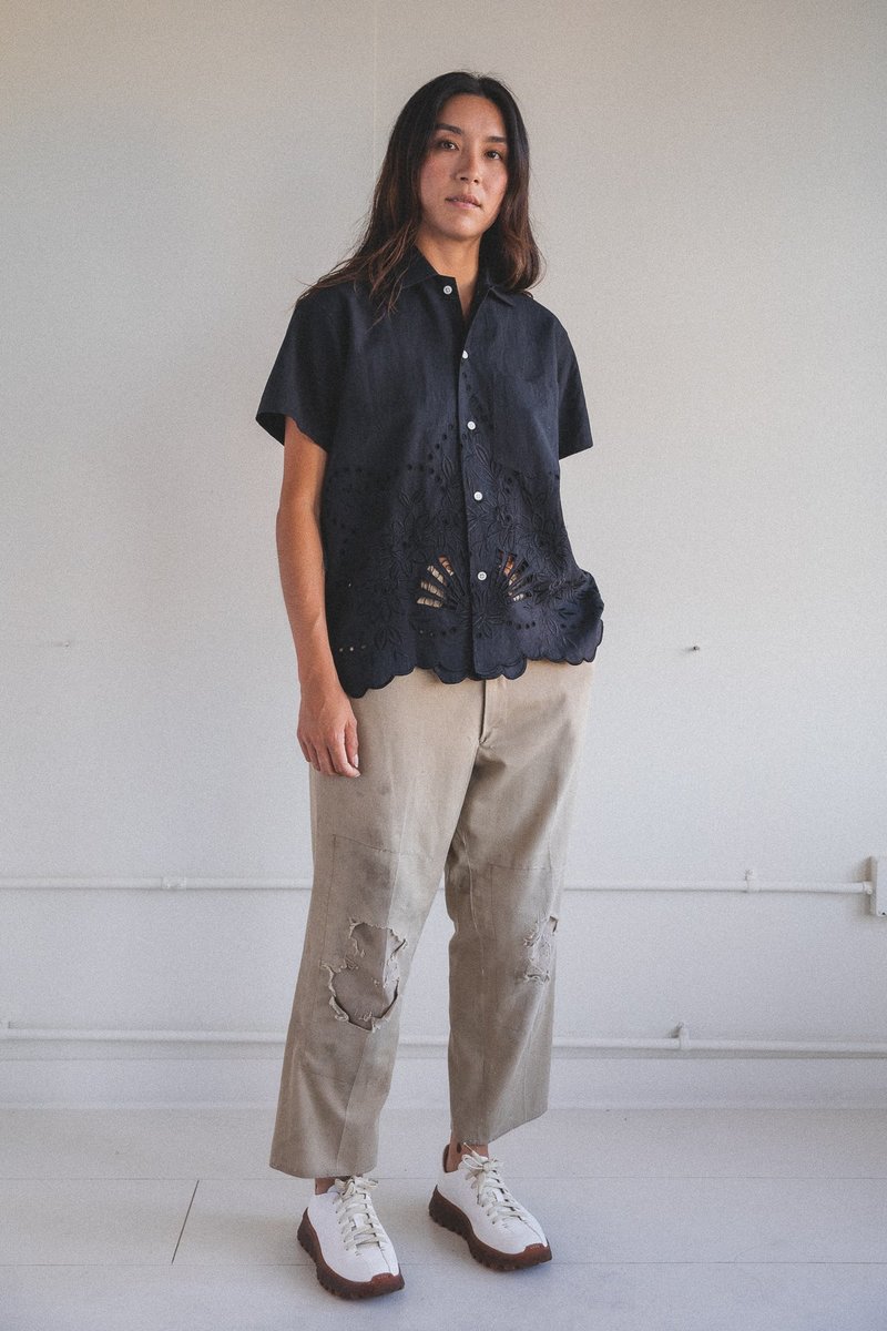 Bode Lace Cutwork Short Sleeve Shirt - Black | Garmentory