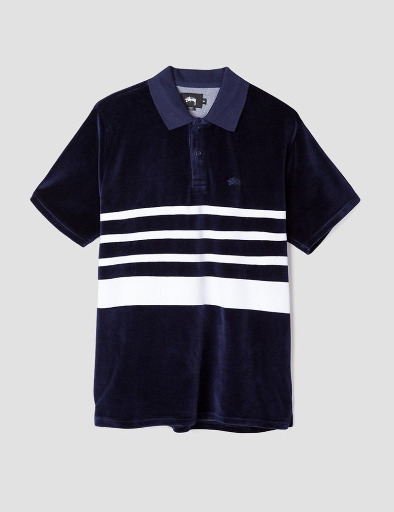 Stussy Velour Stripe Polo T-Shirt - Navy Blue | Garmentory