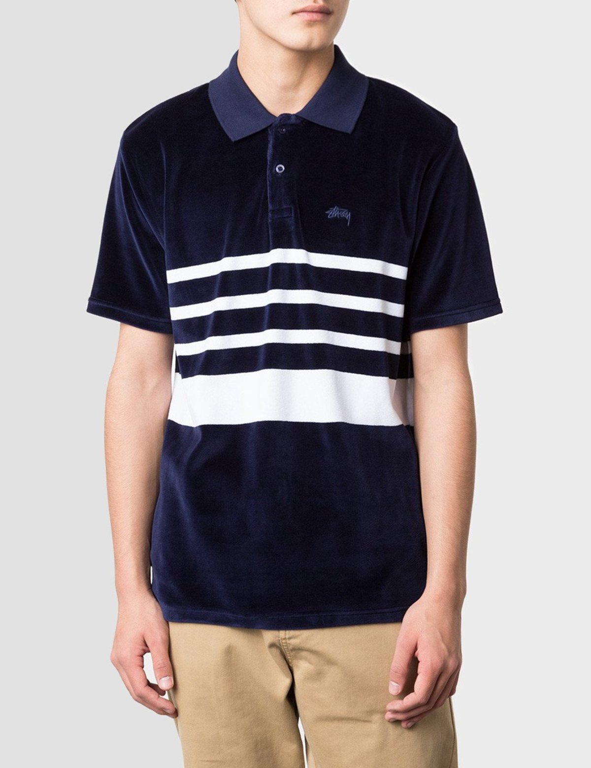 Stussy Velour Stripe Polo T-Shirt - Navy Blue | Garmentory
