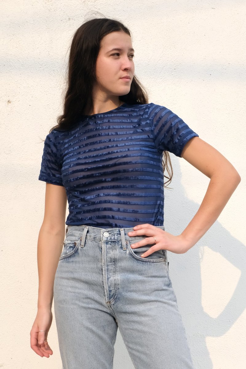 Baserange Burnout Velour Omo Tee - Darya Blue Stripe | Garmentory 