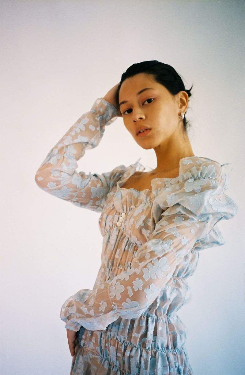 Yuhan Wang Ruched Jacquard Chiffon Dress - BLUE | Garmentory