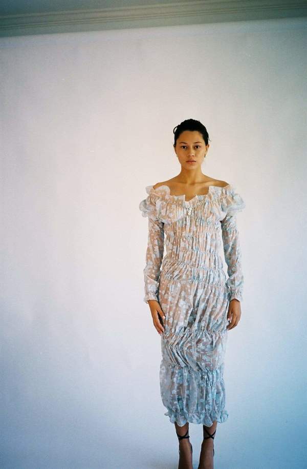 Yuhan Wang Ruched Jacquard Chiffon Dress - BLUE | Garmentory