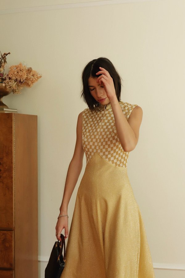 Vintage Maxi Dress - Gold Lurex Check | Garmentory Vintage Maxi Dress - Gold Lurex Check | Garmentory