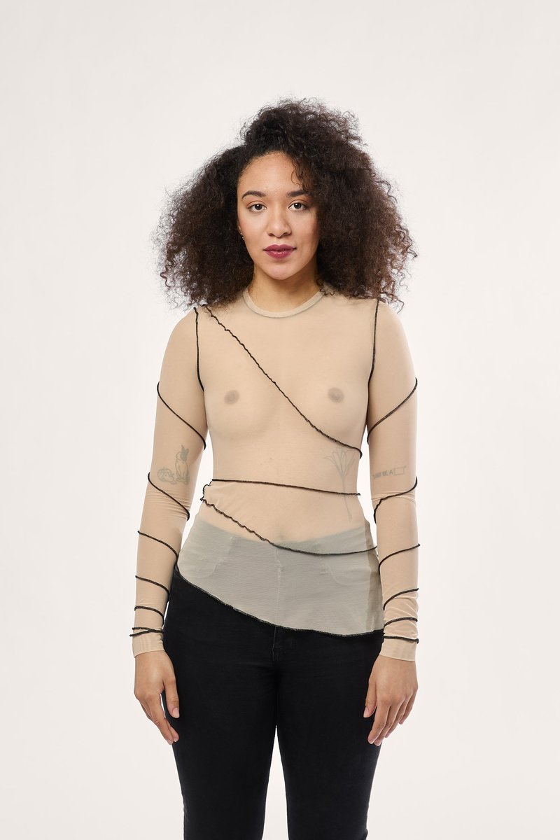 Overall Office Tulle Knit Spiral Top - Beige