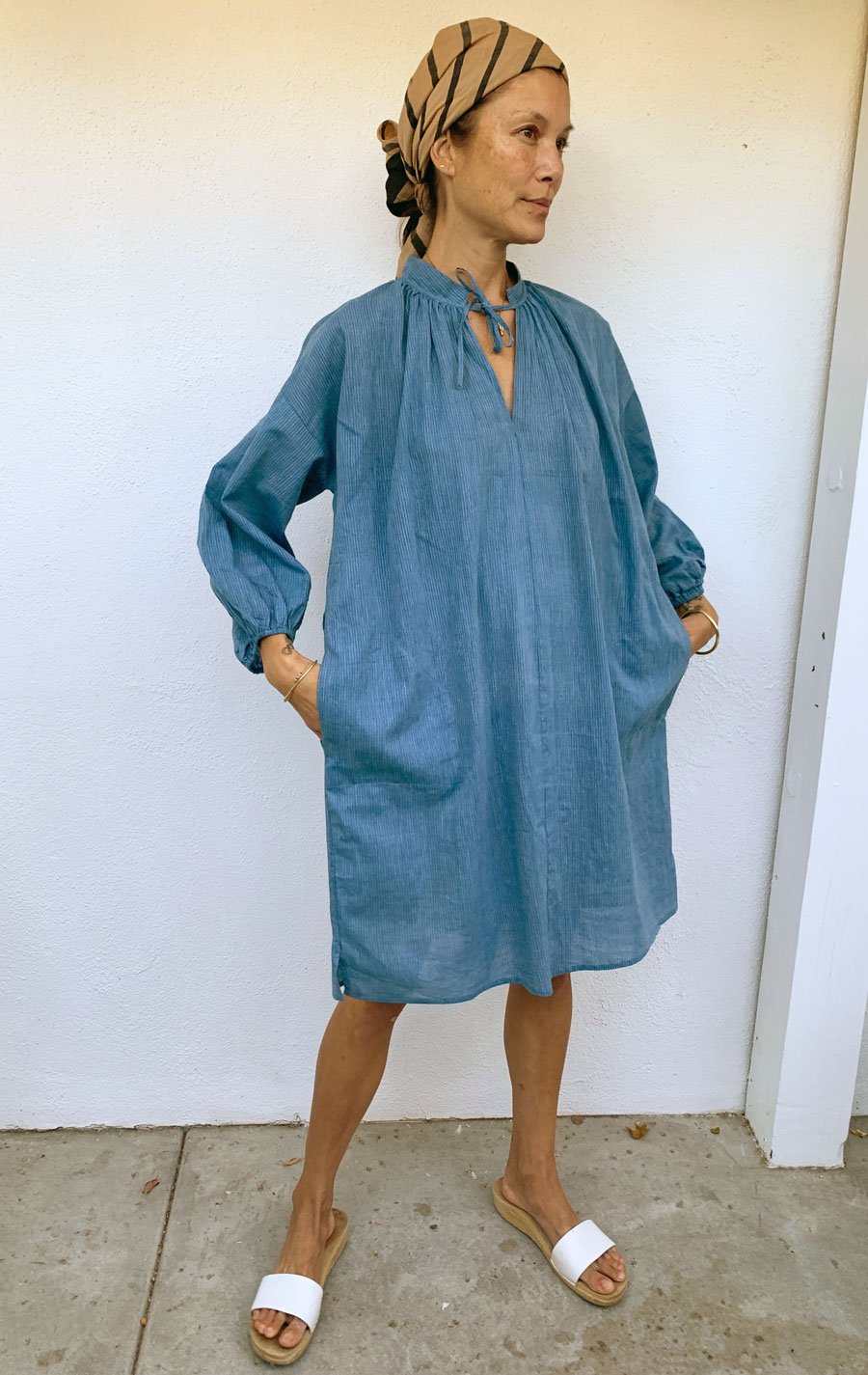 Two Chambray tunic dress - Chambray blue/white micro stripe
