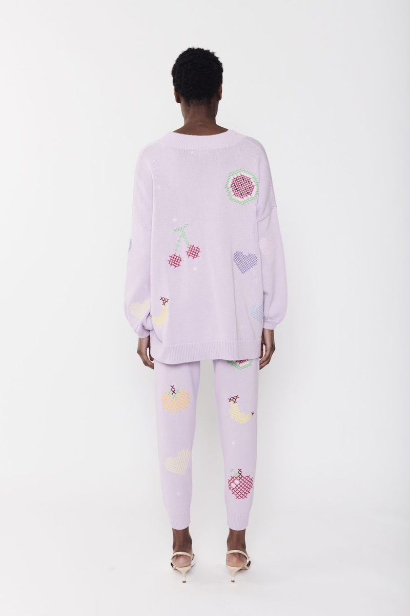 Olivia Rubin Flora Fruit Cross Stitch Cardigan - Lilac