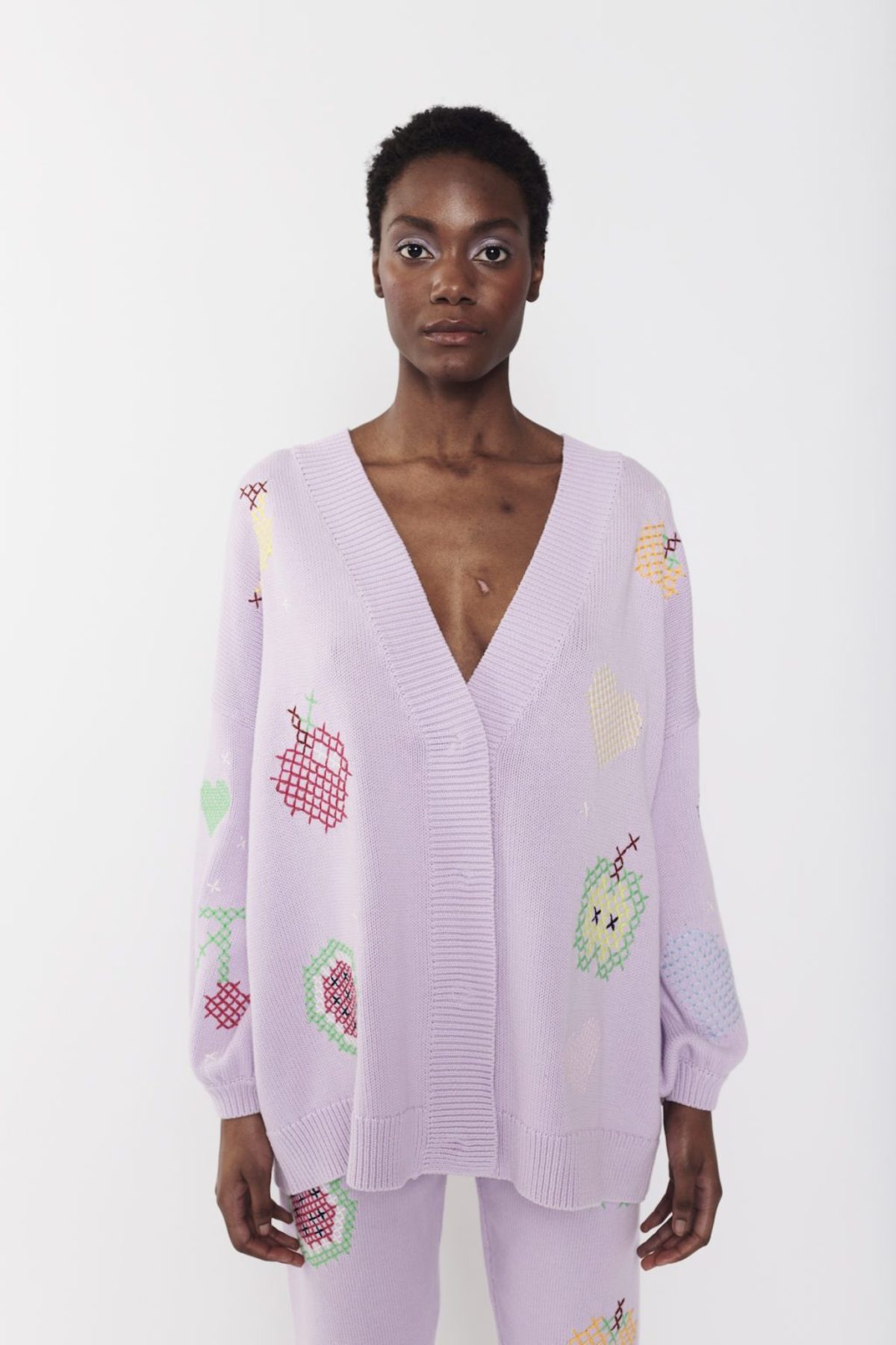 Olivia Rubin Flora Fruit Cross Stitch Cardigan - Lilac - Image 2 of 4