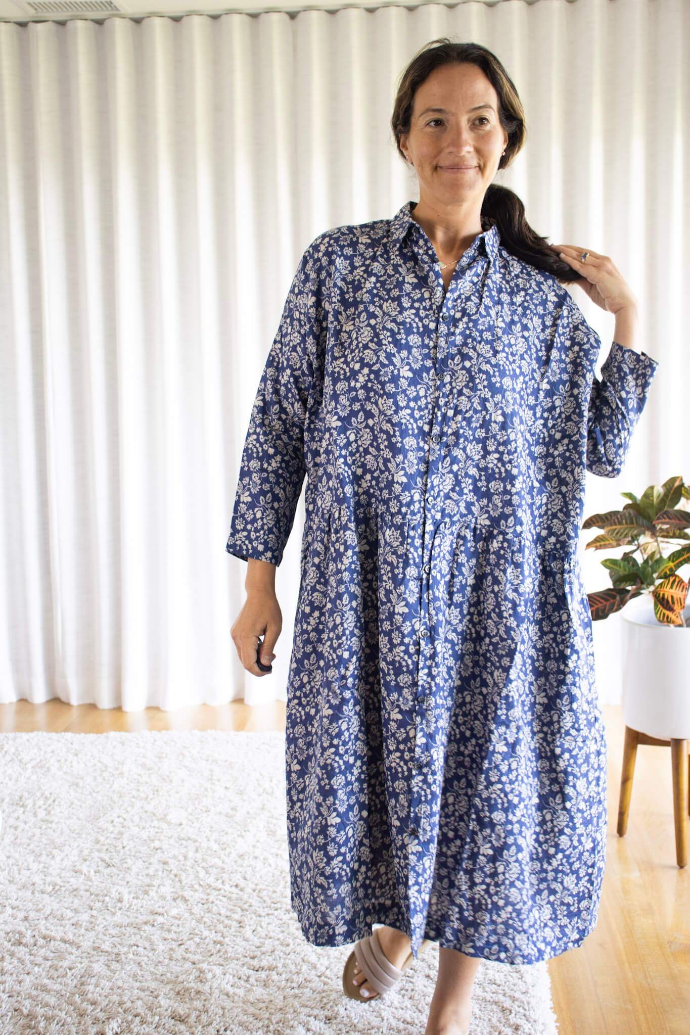 Ichi Antiquits Linen Floral Pattern Dress - Blue | Garmentory