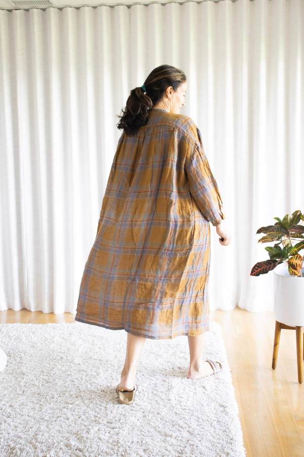 ICHI ANTIQUITES Linen Voile Madras Check Over Dye Dress - Orange on  Garmentory