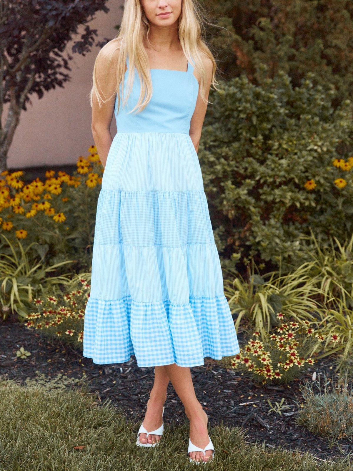 fitted lace wedding dress Gingham Striped Multi Tiered Maxi Dress  English Factory