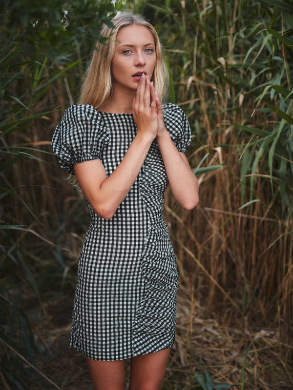 ganni checkered mini dress Ganni Monochrome Checkered Seersucker Ruched Mini Dress on Garmentory