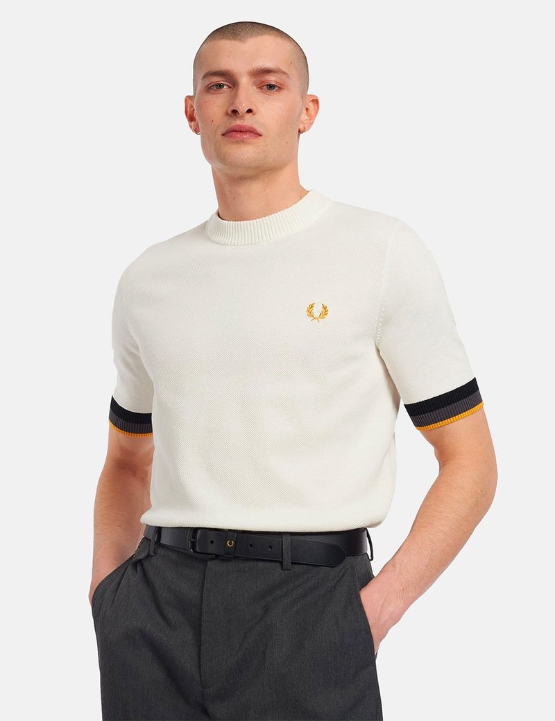 Fred Perry Striped Cuff Knitted T-Shirt - Snow White