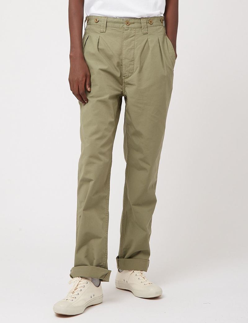 Nigel Cabourn Pleated Chino (Ripstop) - Army Green | Garmentory