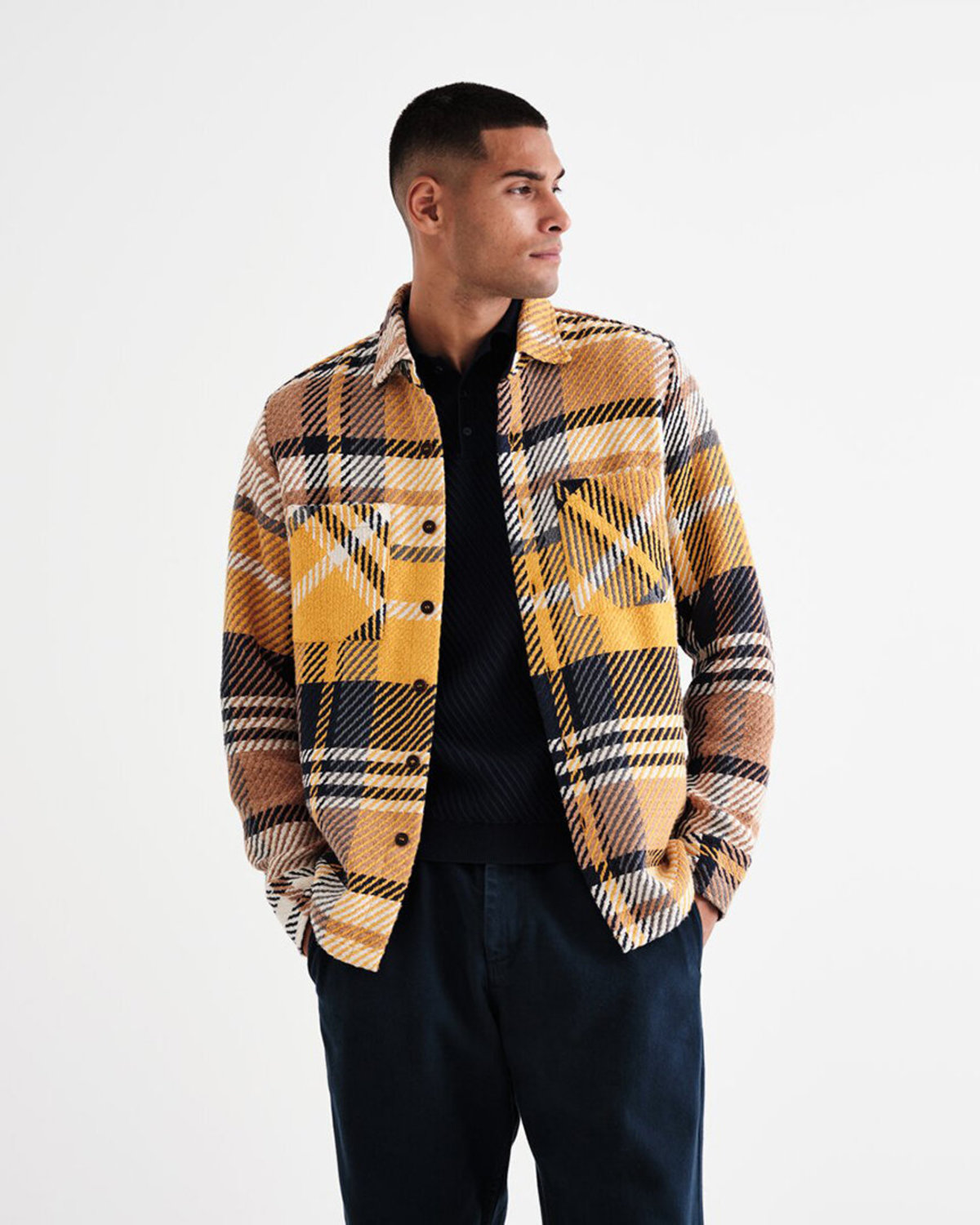 Wax London Whiting Overshirt - Navy/Yellow Plaid - Image 6 of 8