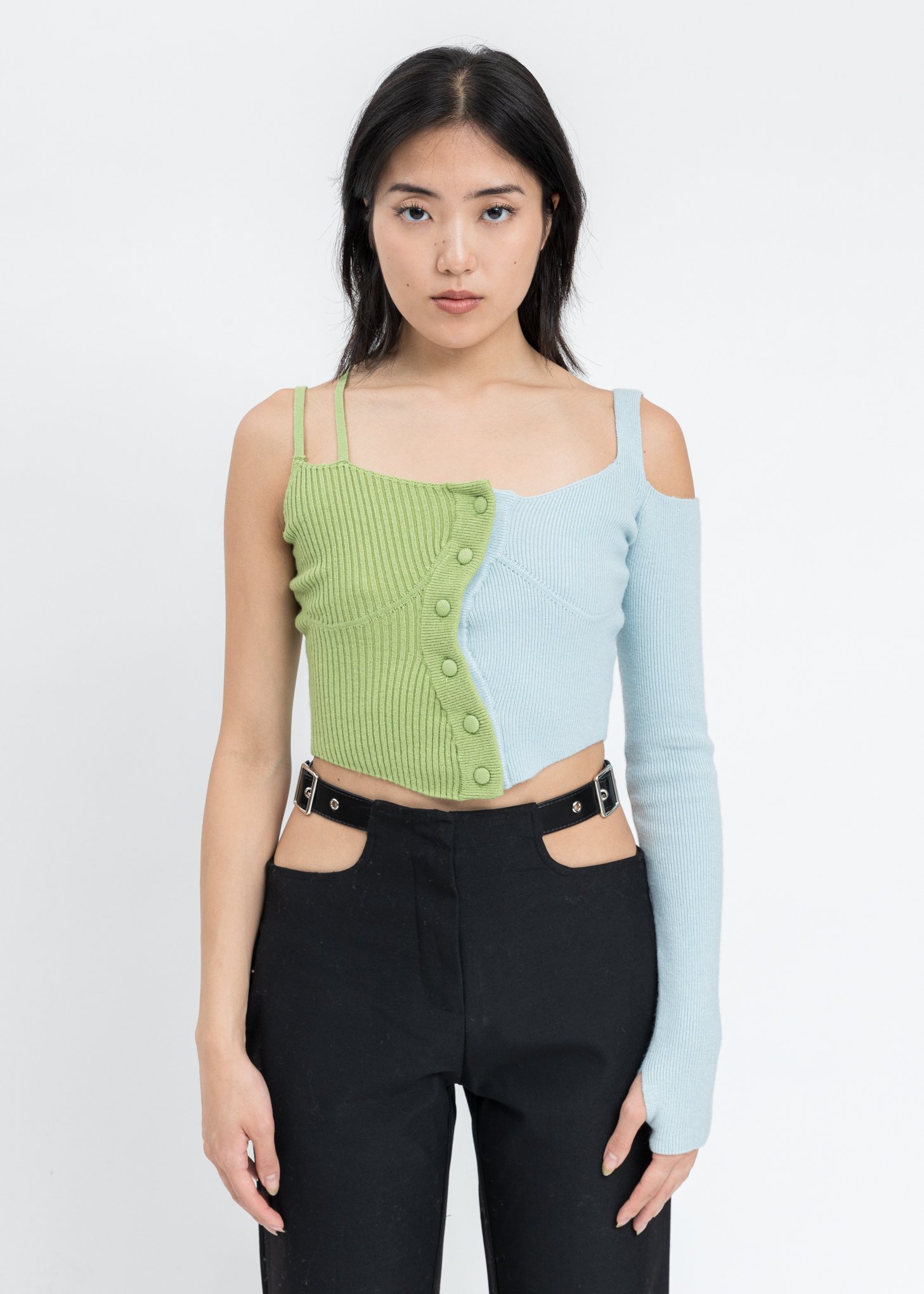 Danielle Guizio Asymmetrical Knit Long Sleeve Button Up Top  