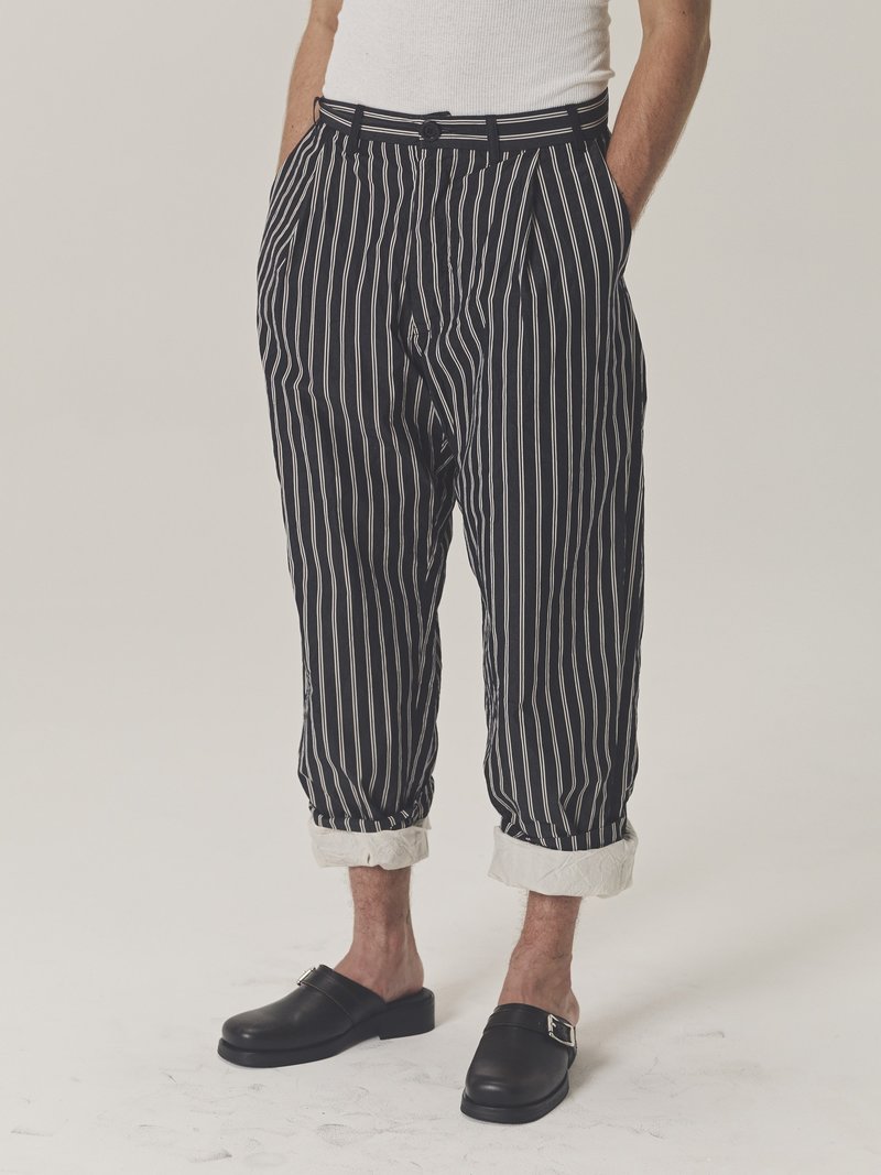 Casey Casey Black Striped Cotton Canvas Basic Double Pant