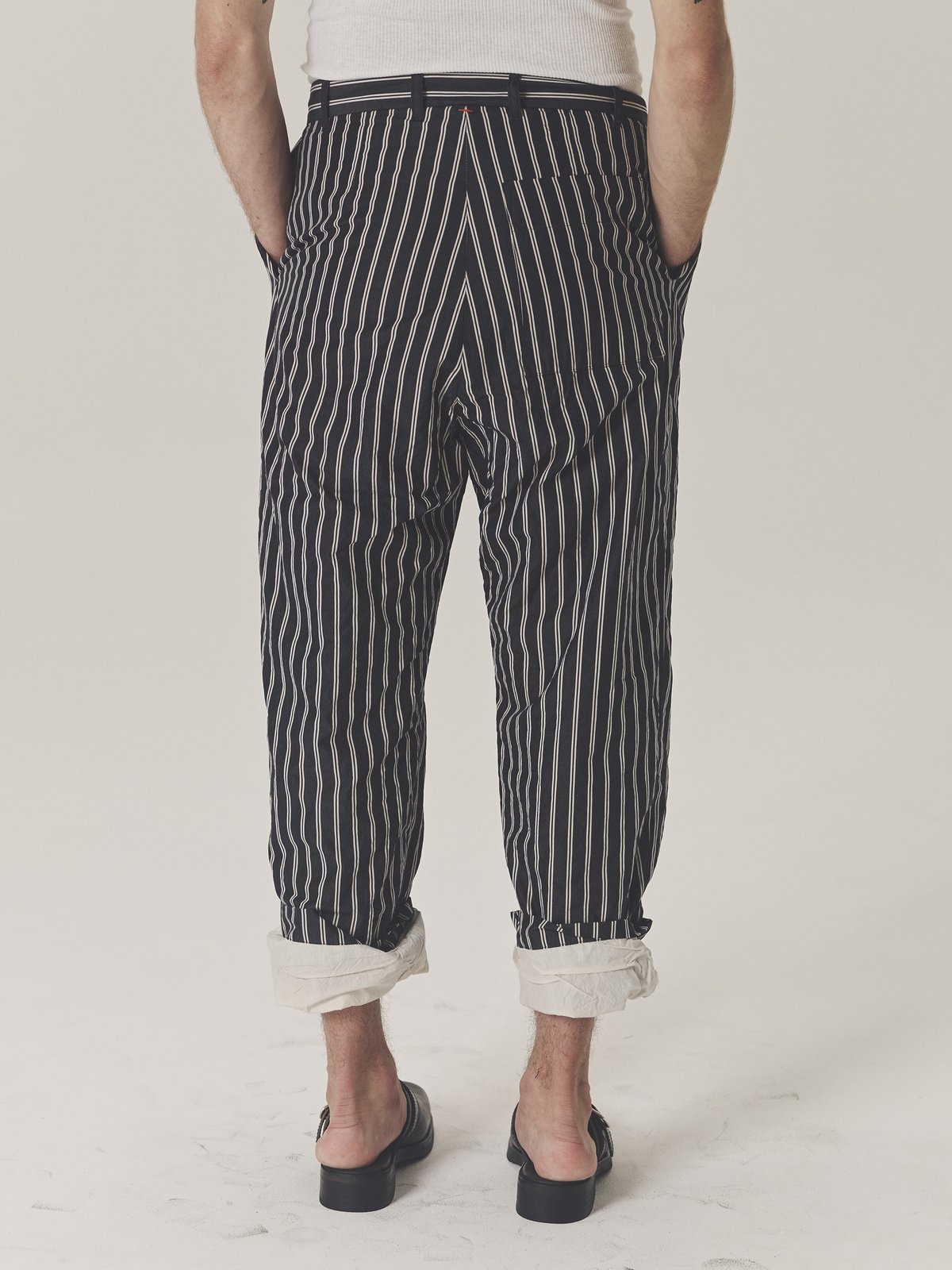 Casey Casey Black Striped Cotton Canvas Basic Double Pant