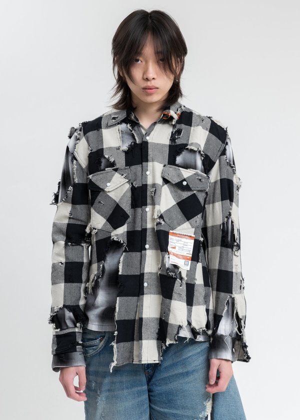 Mihara Yasuhiro Broken Layered Check Shirt - Black | Garmentory