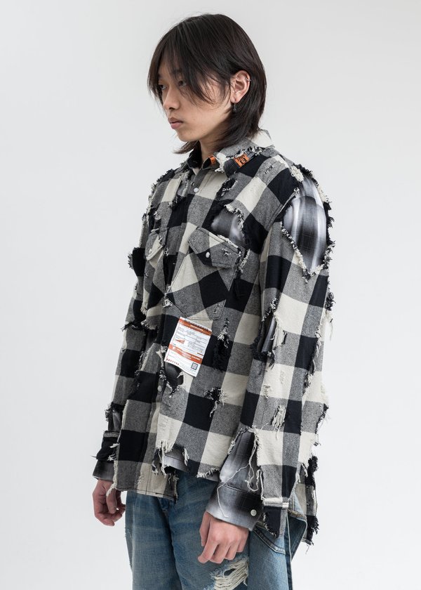 Mihara Yasuhiro Broken Layered Check Shirt - Black | Garmentory