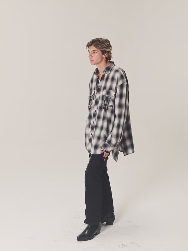 TAKAHIROMIYASHITA The Soloist. Flannel Side Back Zip Not Work Shirt - Black Ombre Plaid
