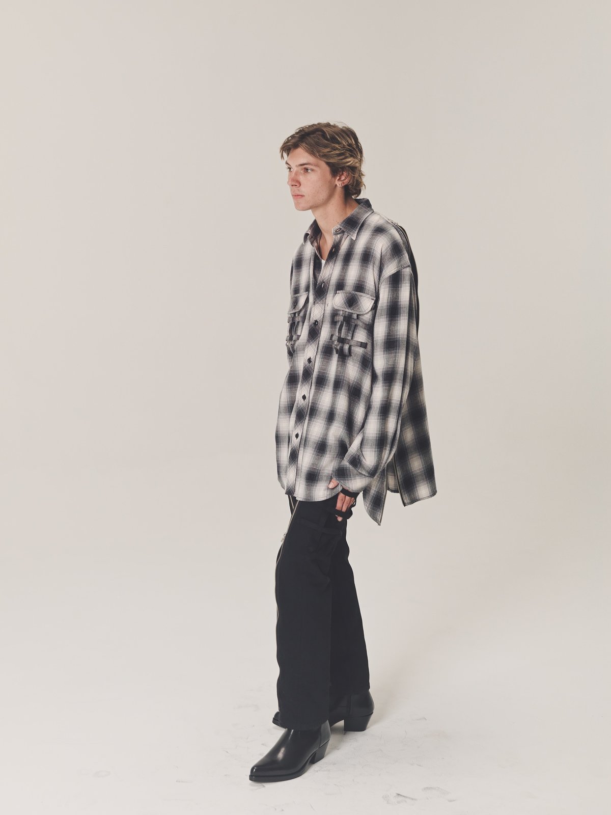 TAKAHIROMIYASHITA The Soloist. Flannel Side Back Zip Not Work Shirt - Black Ombre Plaid - Image 1 of 6