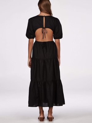 Charlie Holiday Flores Tiered Linen Dress - Black | Garmentory