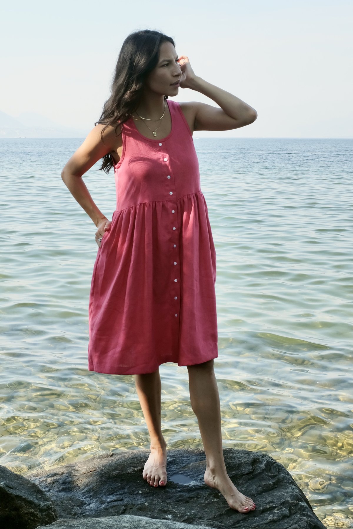 beaton linen gathered dress Sleeveless Linen Smock Dress: Button Front Summer Dress