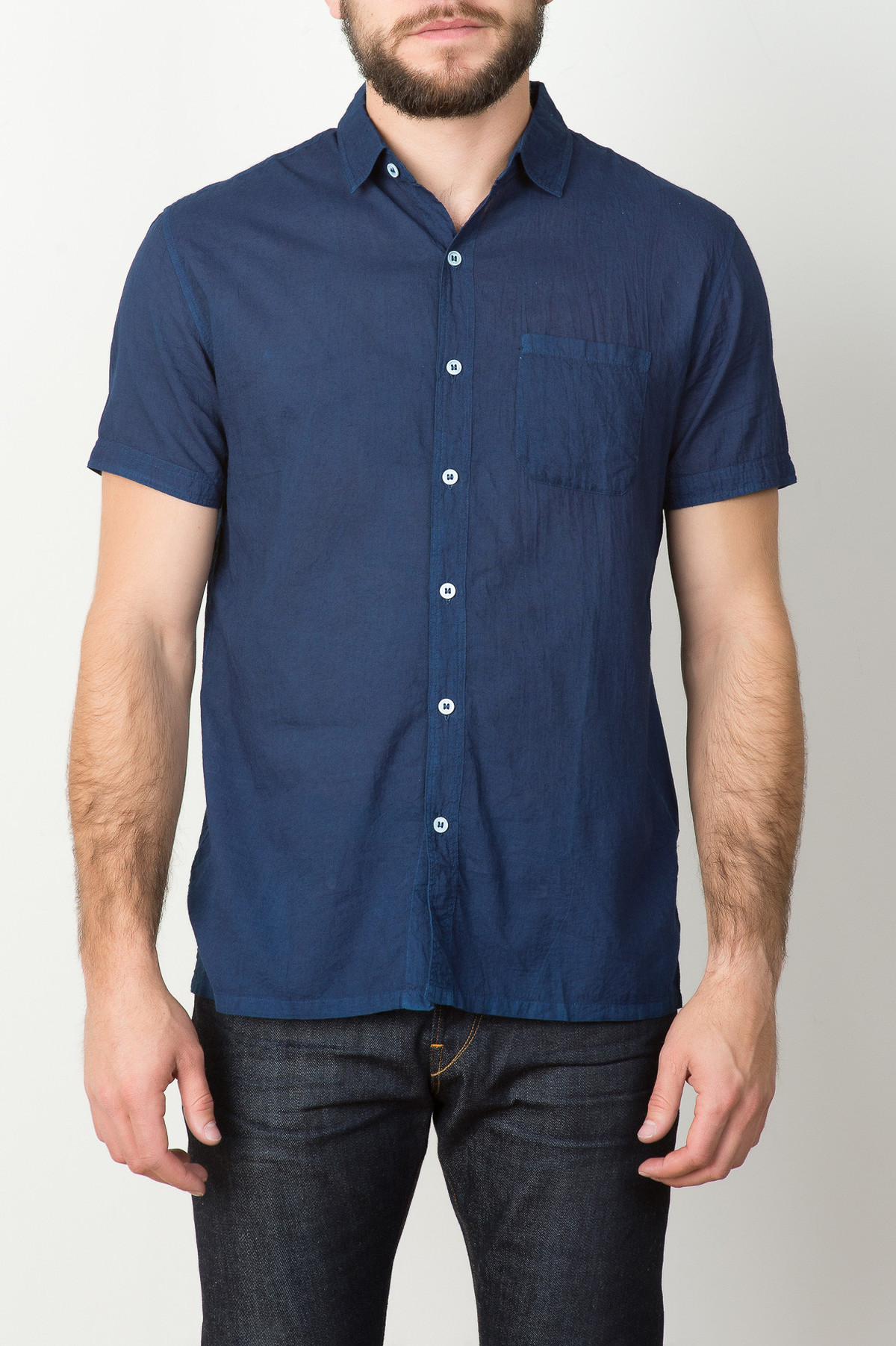 Industry of All Nations Short Sleeve Clean Madras Shirt In Indigo 12 Dip - Image 1 of 6