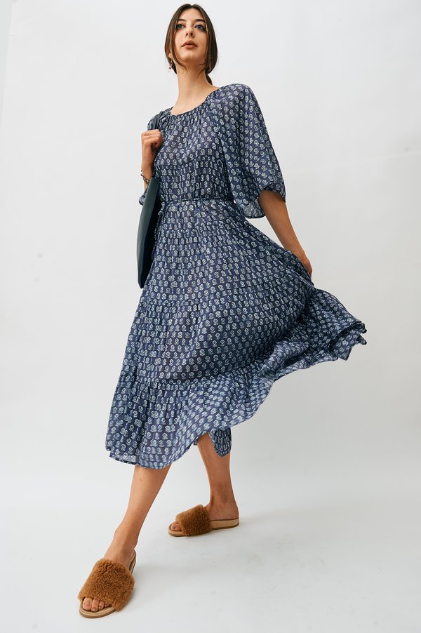 PRE-LOVED Doen Printed Puff-Sleeve Maxi Dress - BLUE | Garmentory PRE-LOVED Doen Printed Puff-Sleeve Maxi Dress - BLUE | Garmentory