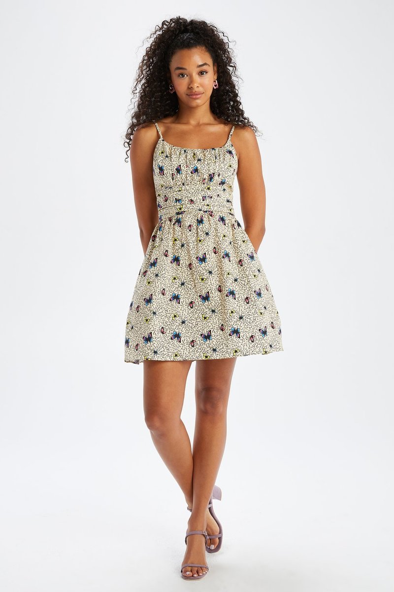 HVN Mini Lucy Strappy Cotton Ruched Dress - Butterflies | Garmentory HVN Mini Lucy Strappy Cotton Ruched Dress - Butterflies | Garmentory
