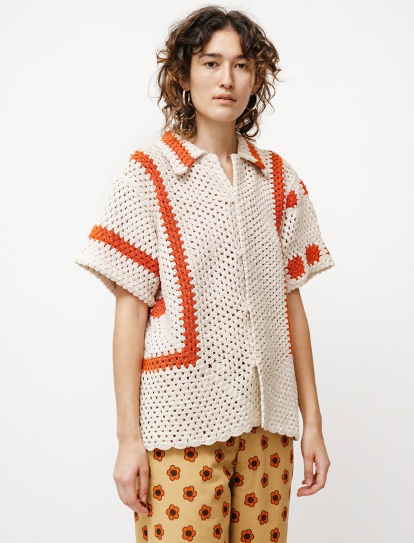 BODE Sunspot Crochet SS Shirt - White | Garmentory