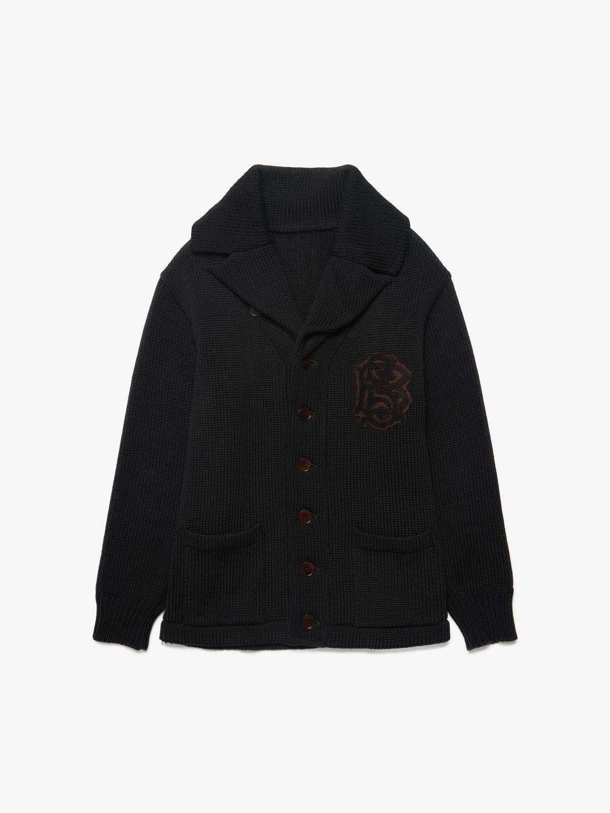 Black Sign M Navy Shawl Collar Button Up Patched Knitted Cotton 