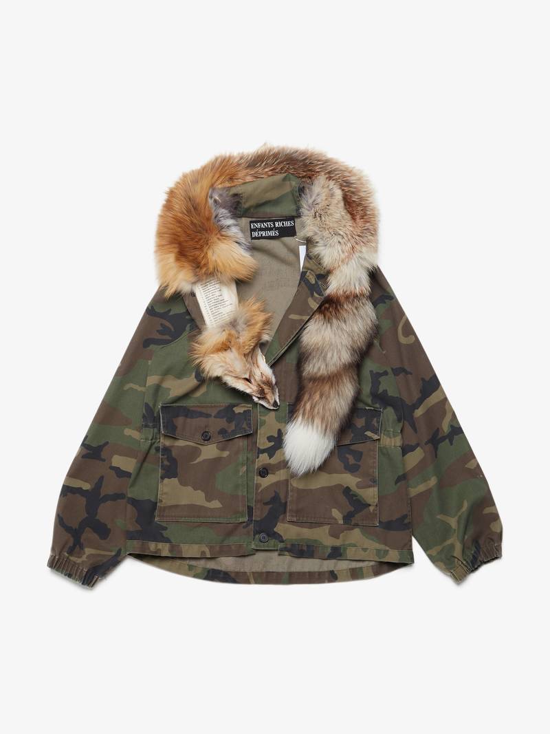 Fox Fur Collar Camo Fur Hooded Coat Fox Fur Trim Camo Coat With