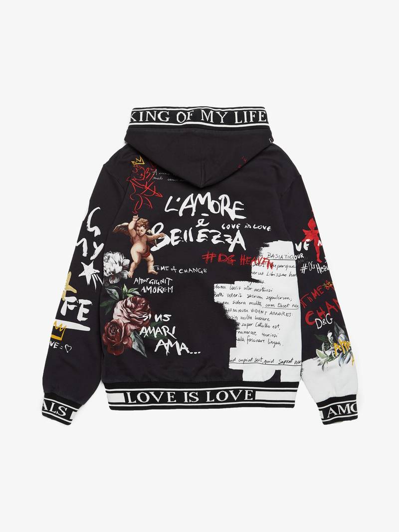 Dolce & Gabbana Black Graffiti Printed Cotton Hoodie