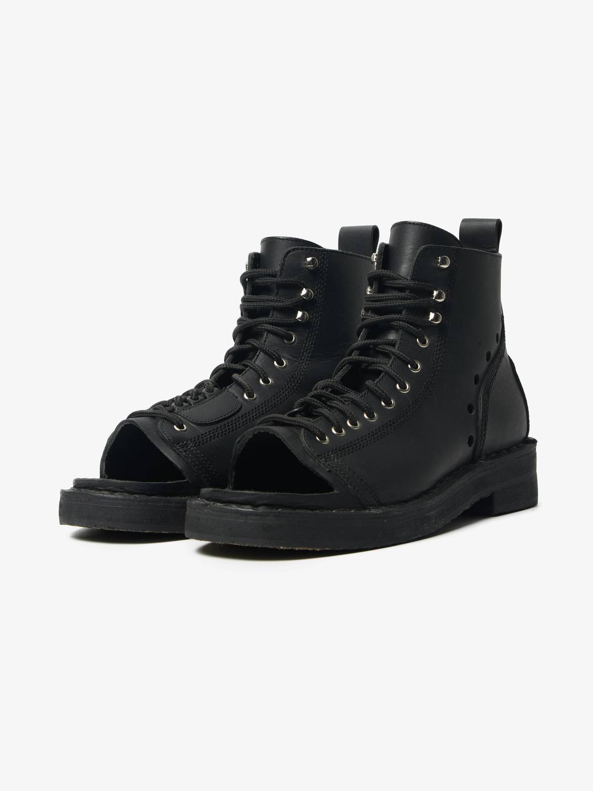 Yohji Yamamoto Black Open Toe Laced Leather Boots | Garmentory