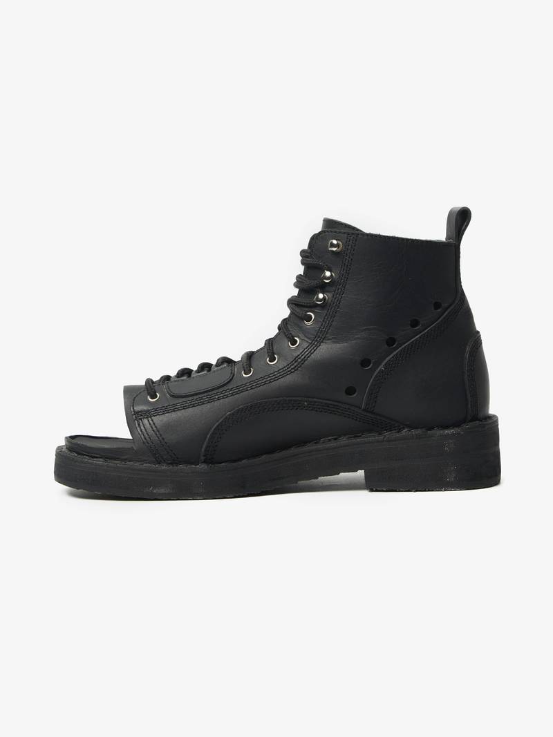 Yohji Yamamoto Black Open Toe Laced Leather Boots | Garmentory