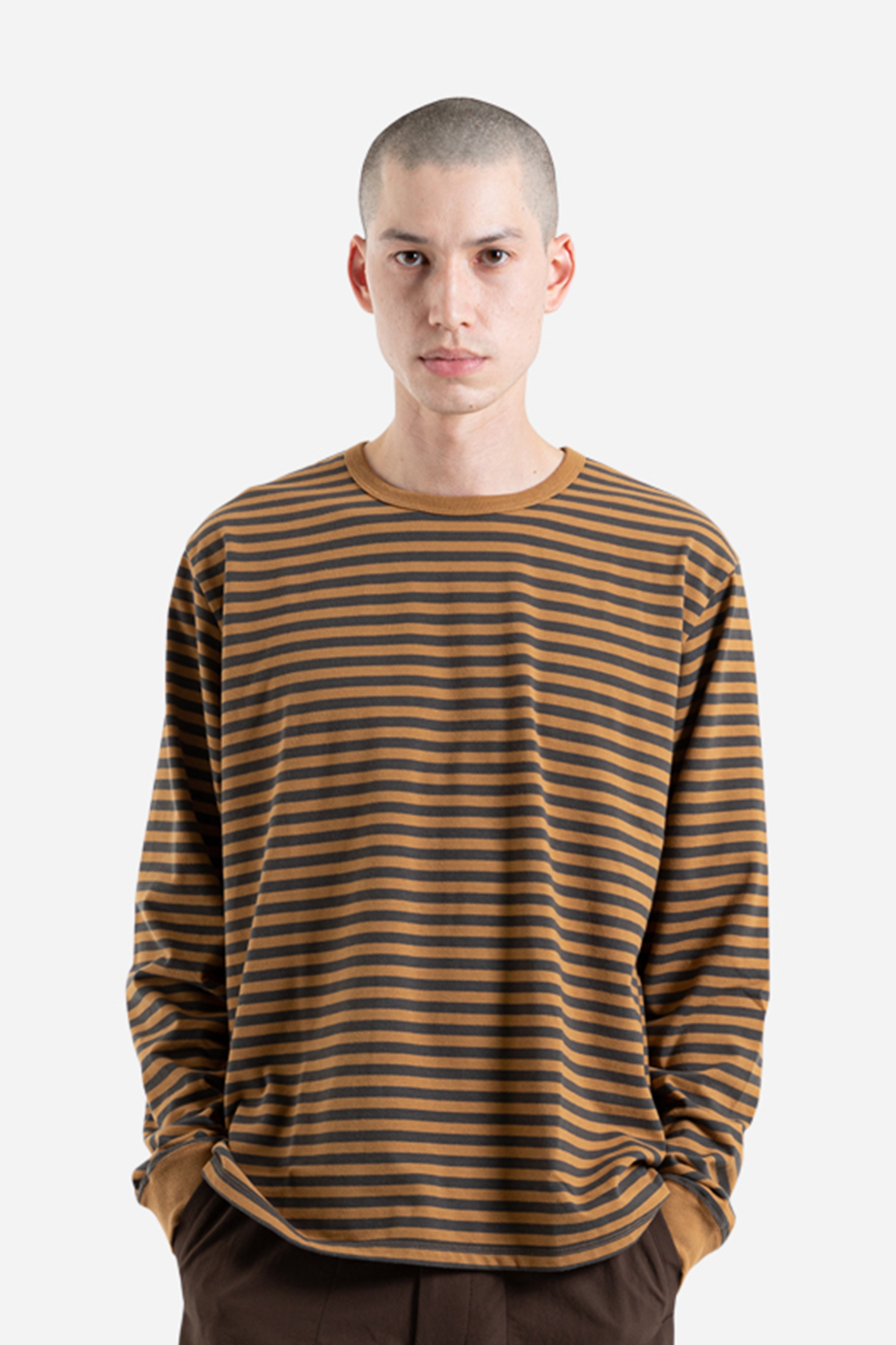 Nanamica Coolmax Striped Jersey L/S Tee - Brown/Charcoal | Garmentory