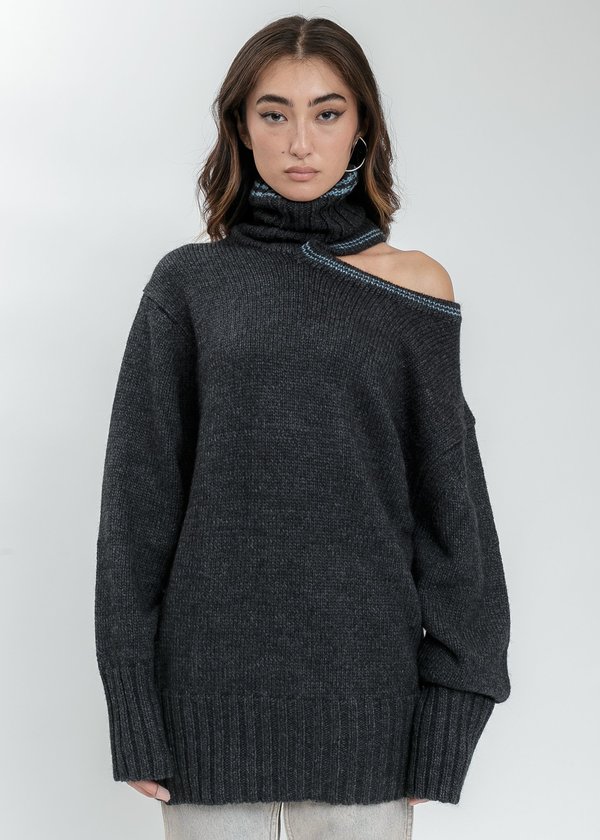 Y/project Double Neck Oversized Knit Sweater - Dark Grey | Garmentory