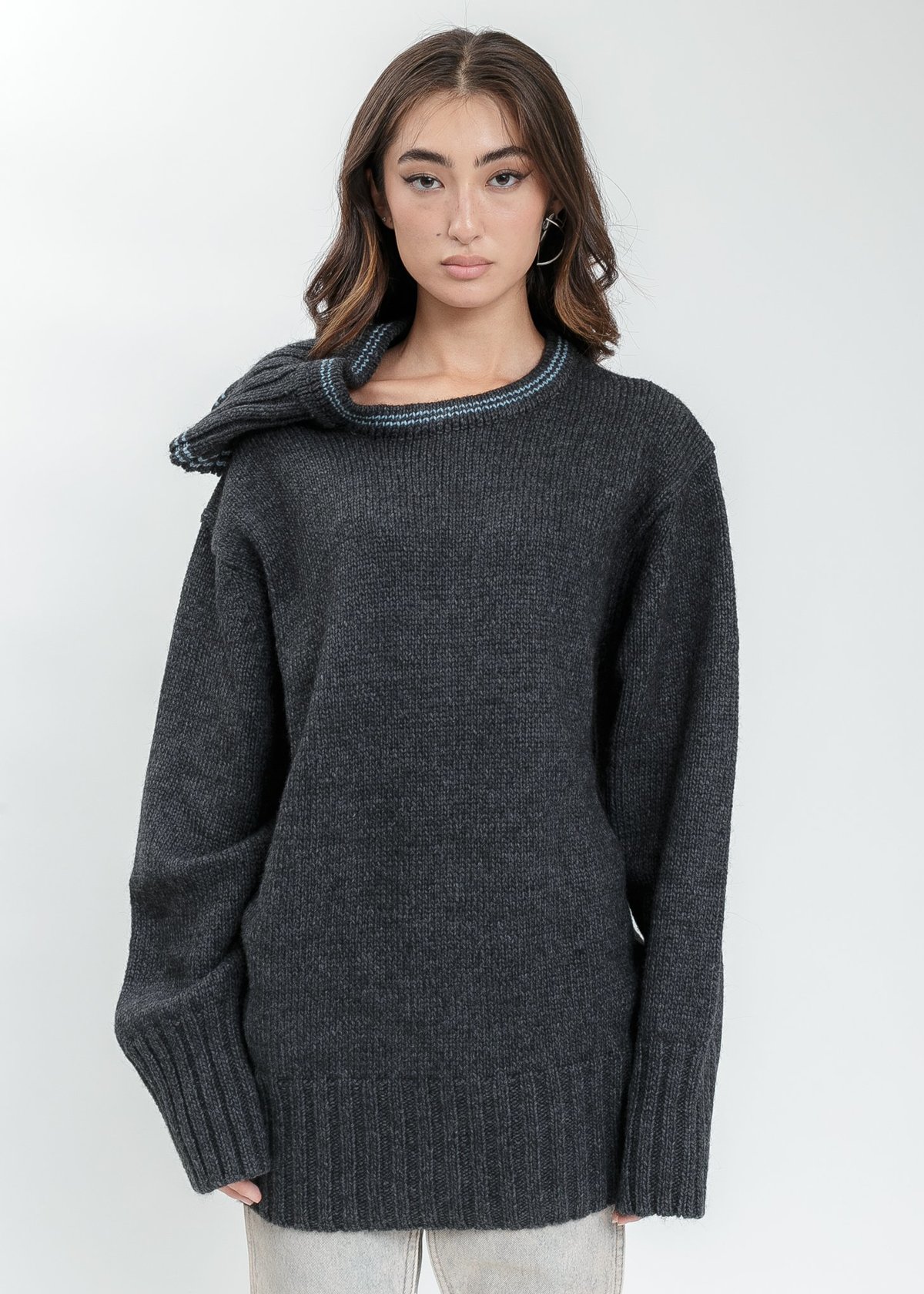 Y/project Double Neck Oversized Knit Sweater - Dark Grey | Garmentory